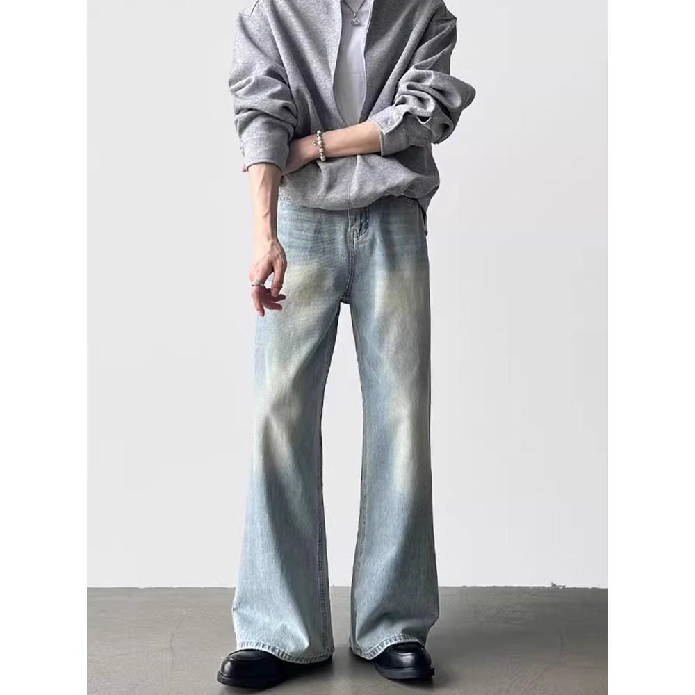 Cleanfit simple retro washed light blue jeans boys loose A-shaped straight drape wide-leg trousers