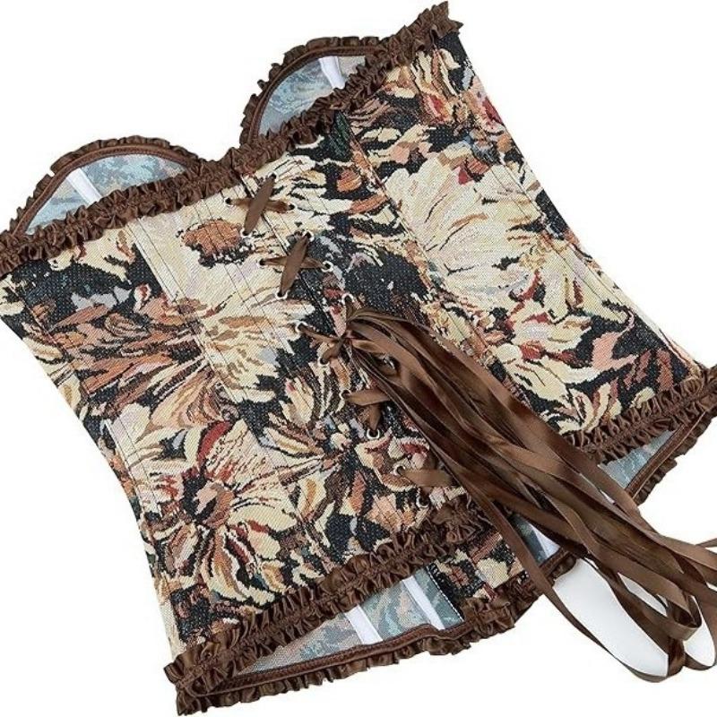 Floral Print Corset Top With Ruffle Trim And Lace Up Waist Cincher