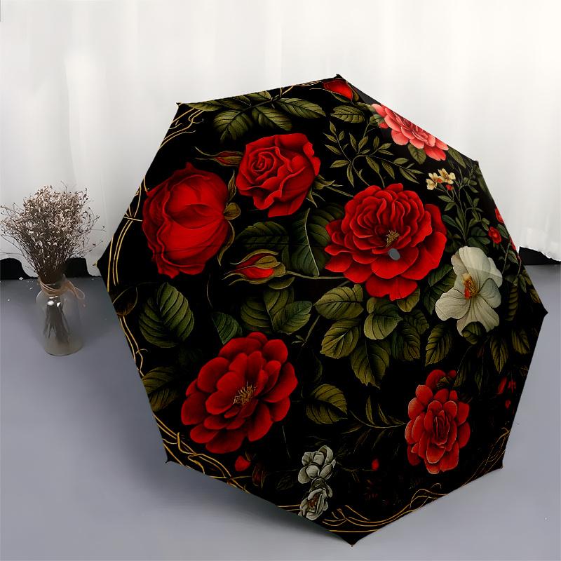 Elegant Floral Round Rug - Classic Rose Designfor Home DecorUmbrella, Portable 3-Fold Compact Umbrella for Men & Women Gift