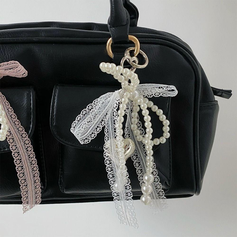 Korean Cute Lace Bow Pearl Beaded Phone Pendant Chain Accessories Aesthetic Ballet Shoes Camera Bag Decoration Keychain Gift