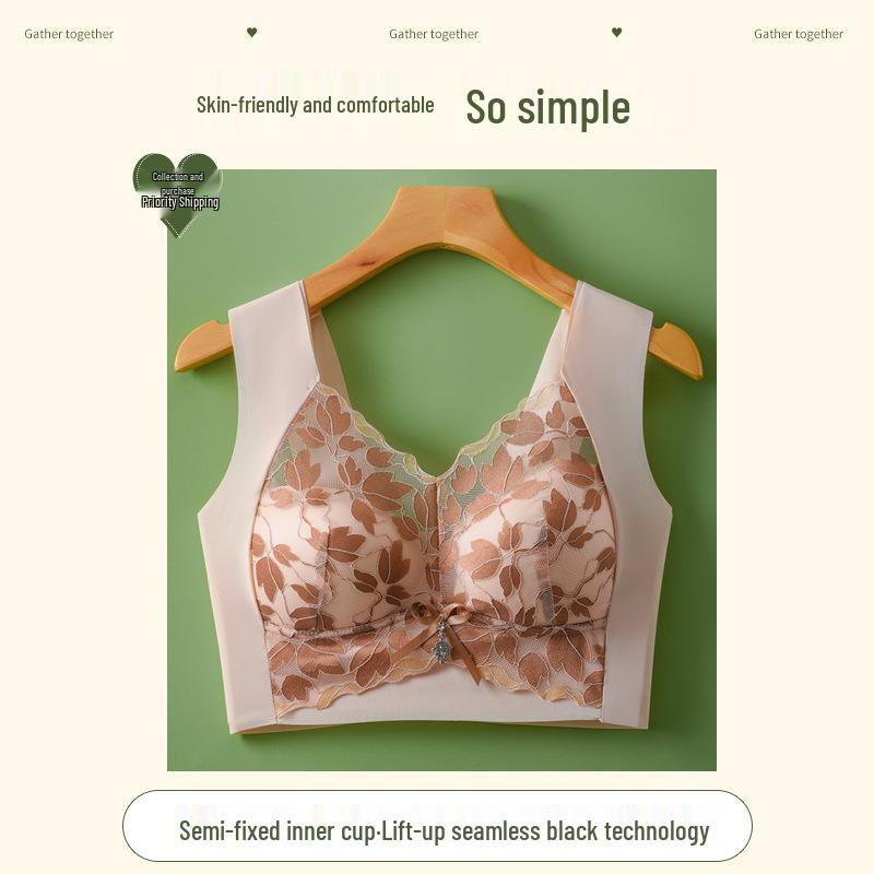 Plus Size Lace Seamless Wire-Free Bra: Side Support Anti-Sagging, Fixed Cups, Minimizing Effect for Large Busts