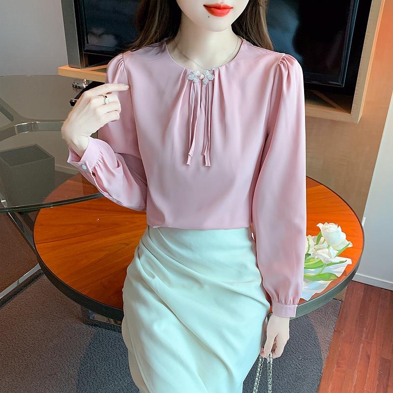 Fashion New 2024 Autumn Long Sleeve O-Neck Office Lady Pink Chiffon Blouse Shirt Women Tops Blouses Shirts J477