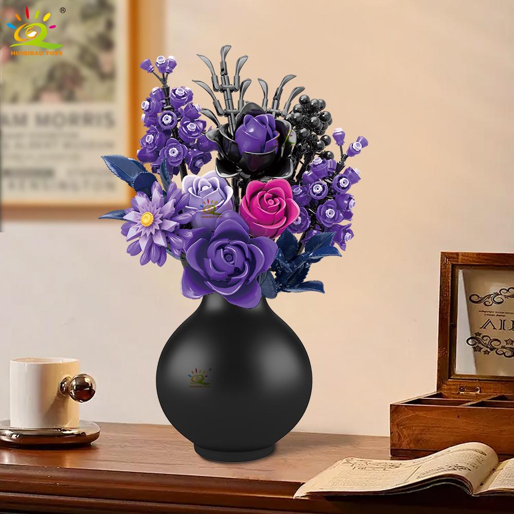 Giftfria Moc Lila Svarta Blomma Ros Modell Byggklossar Diy Evig Bukett Tegelset Leksak För Barn Heminredning