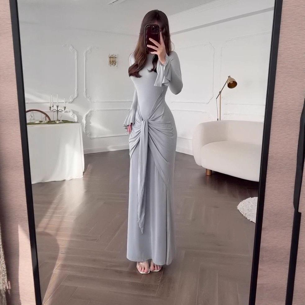 2025 Sommer Satin Hohe Taille Raffung Langes Kleid für Damen