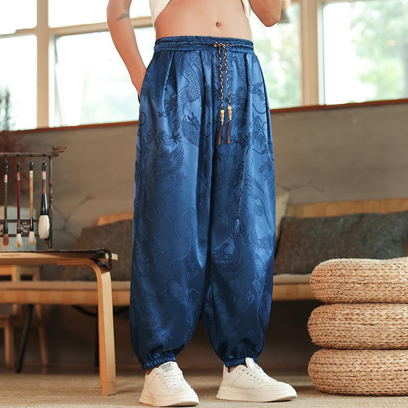 Calças de Marca para Homem ao Ar Livre Seda de Gelo Dragão Flor Escura Bloomers Largos Calças Casuais de Perna Larga Masculino