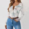 Camiseta de Fondo Delgado para Mujer Moda Casual Estampado Degradado Cuello Redondo Jersey Manga Larga Top
