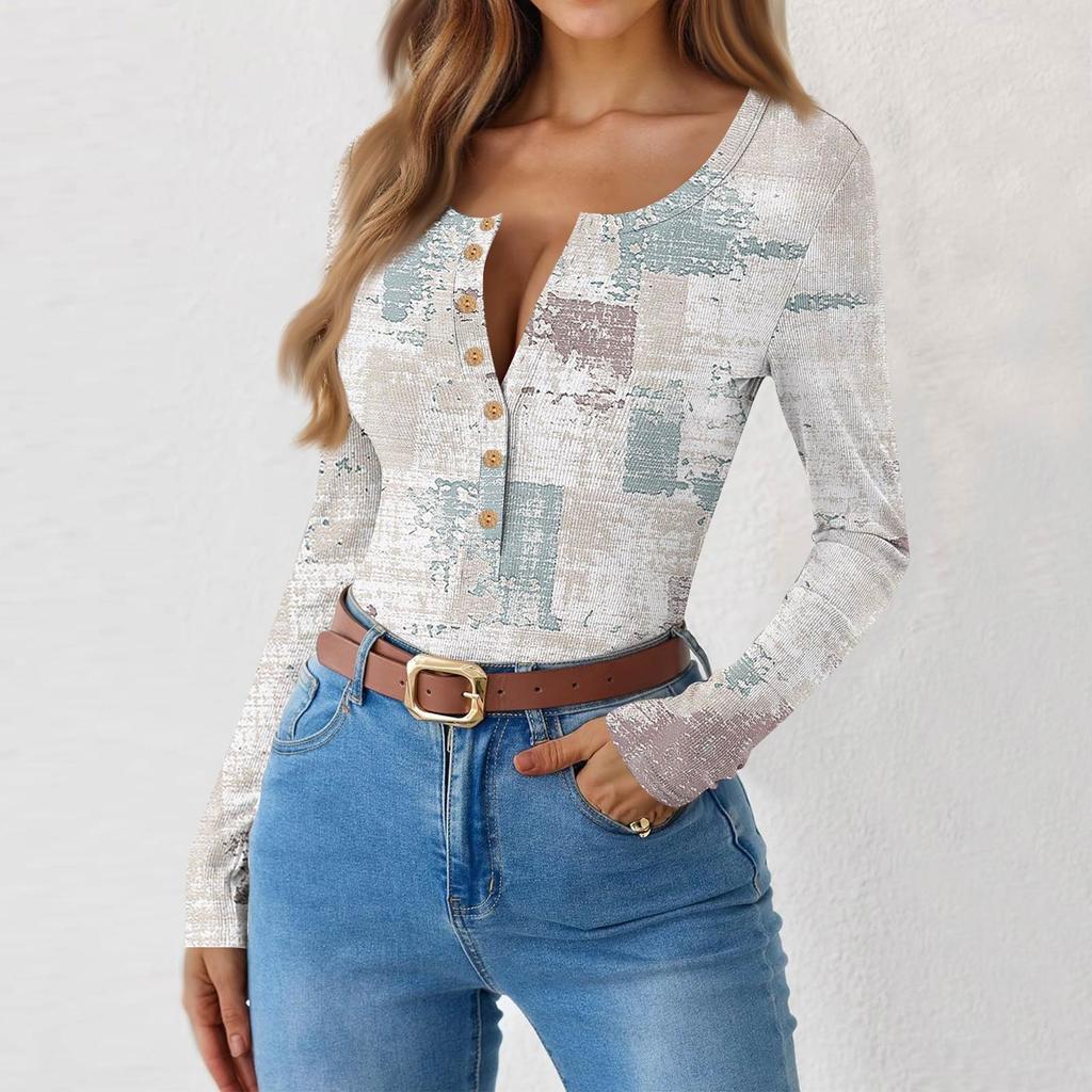 Camiseta de Fondo Delgado para Mujer Moda Casual Estampado Degradado Cuello Redondo Jersey Manga Larga Top
