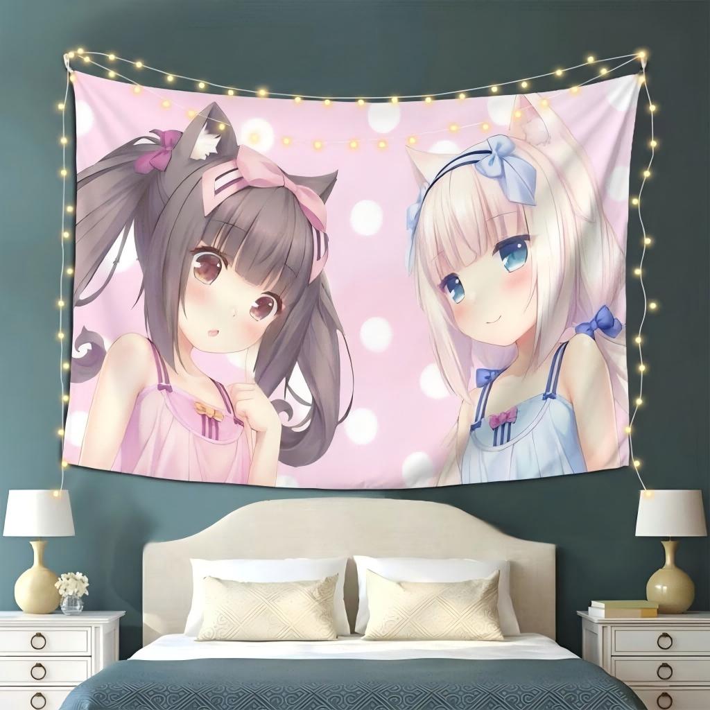 1pc Nekopara Chocola & Vanilla Anime Tapestry, Cute Cat Girls Wall Hanging, Pastel Pink Blue Aesthetic Decor for Bedroom Dorm