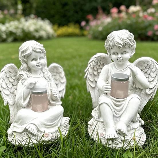 Solar Powered Little Angel Garden Statue Small Cupid Angel Figurine Waterproof Resin Fairy Garden Ornament for Patio Yard Porch Lawn Outdoor Decor