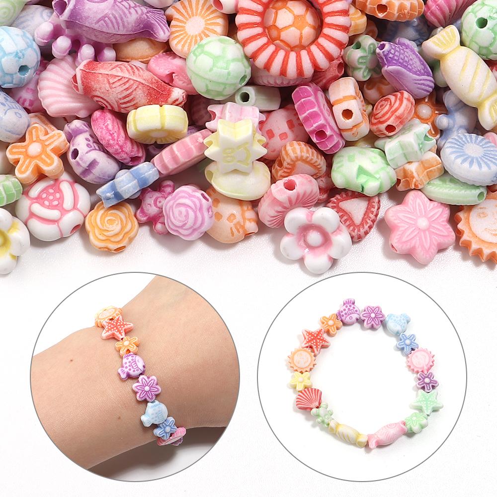 200pcs/lot Multiple Styles Plastic Beads Cat Flower Star Fish Shell Beads Loose Spacer Beads For Jewelry Making DIY Accessories