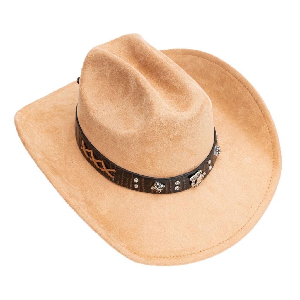 Suede Western Cowboy Hat Vintage Metal Jazz Hat Men's and Women's Ethnic Style Autumn and Winter Big-brimmed Top Hat