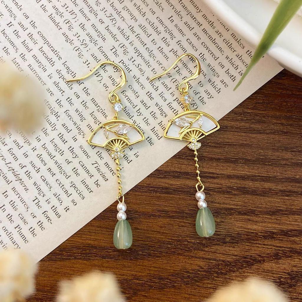 New Chinese Retro Style Fashionable Long Style Folding Fan Tassel Earrings