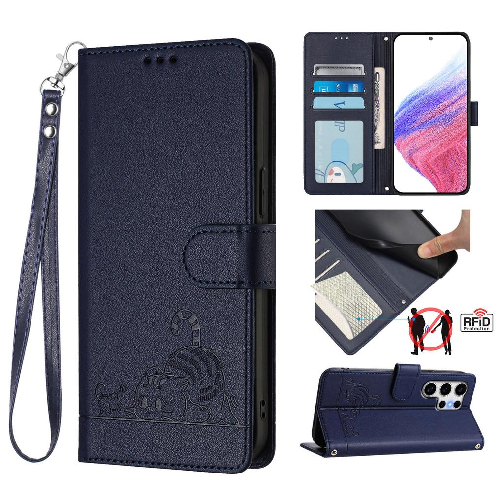 For Samsung Galaxy S25 Ultra Case with Strap RFID Blocking Leather Wallet Phone Cover Cat Mouse Pattern