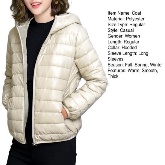 Women Fall Winter Coat Padded Hooded Thick Long Sleeve Warm Solid Color Smooth Slim Fit Zipper Closure Pockets Cardigan Lady Cotton Coat Jacket