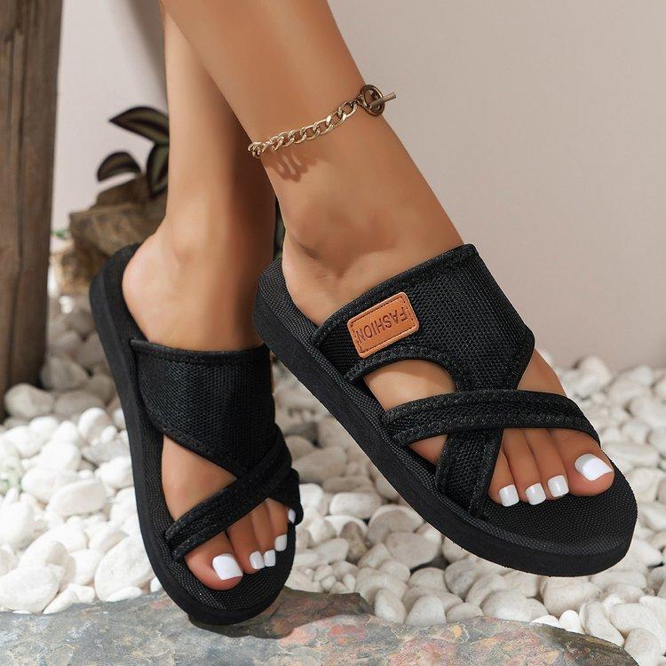 Pantofole da donna in rete traspirante, comode scarpe basse aperte con cinturini incrociati, scarpe estive leggere