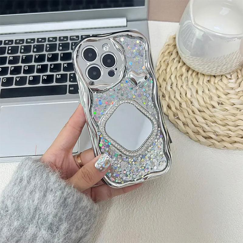 Glitter Sequin Phone Case for Apple 17 Promax Rhinestone Square Mirror for IPhone 16 Hand Chain Heart