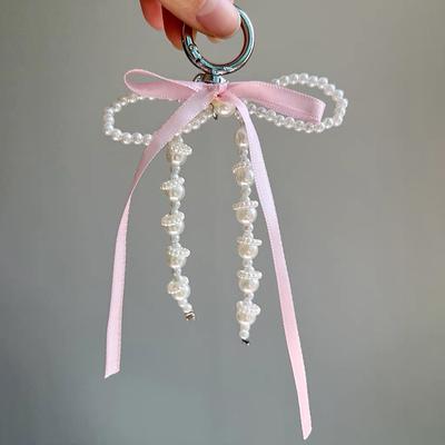Ribbon Bowknot Pearls Bag Pendant Charm Heart Keychain Elegant Beaded Keyring Sweet Key Chain Phone Key Bag Hangings