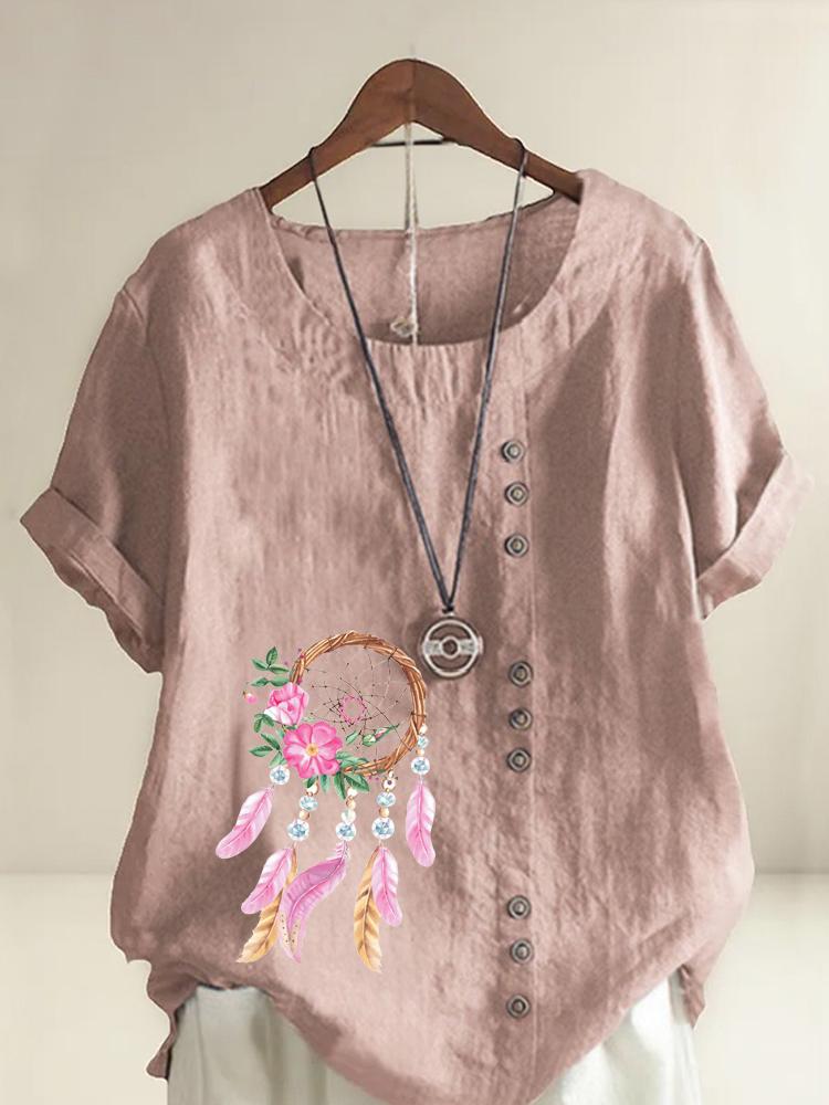 Women s Fashion Feather Print Round Neck Short Sleeve T-shirt Casual Cotton Linen Graphic Shirt Leisure Loose Summer Blouse Tops S