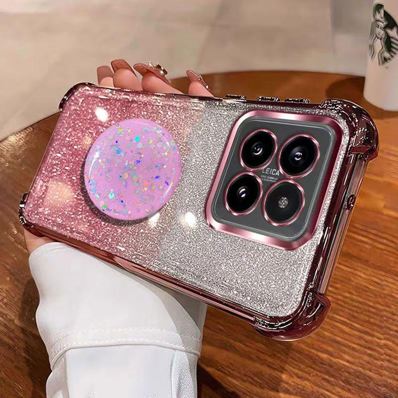 Luxury Shockproof Glitter Holder For Silicone Ring 14TPro Case For Xiaomi 14T 14 Ultra 13 12 Pro With Holder Stand Cover