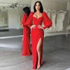 Rochie Sexy Decolteu Adânc V Decupat Europeană Și Americană Cusături Mânecă tip Felinar Rochie Split pe Șold pentru Femei Rochie de Seară