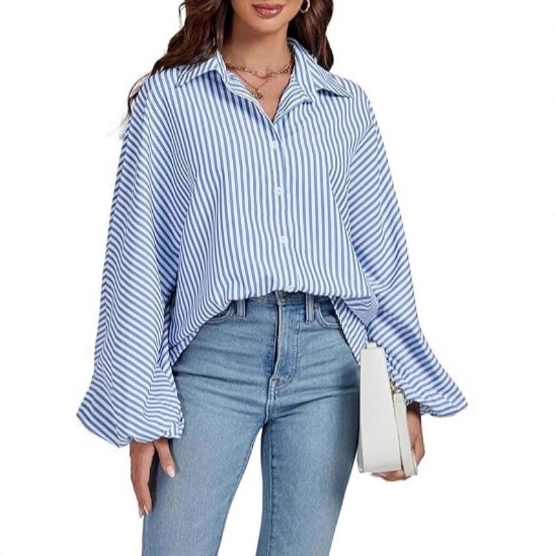 Women's Elegant Loose Casual Single Breasted Striped Shirt Lantern Sleeve Long Sleeve Lapel Shirt