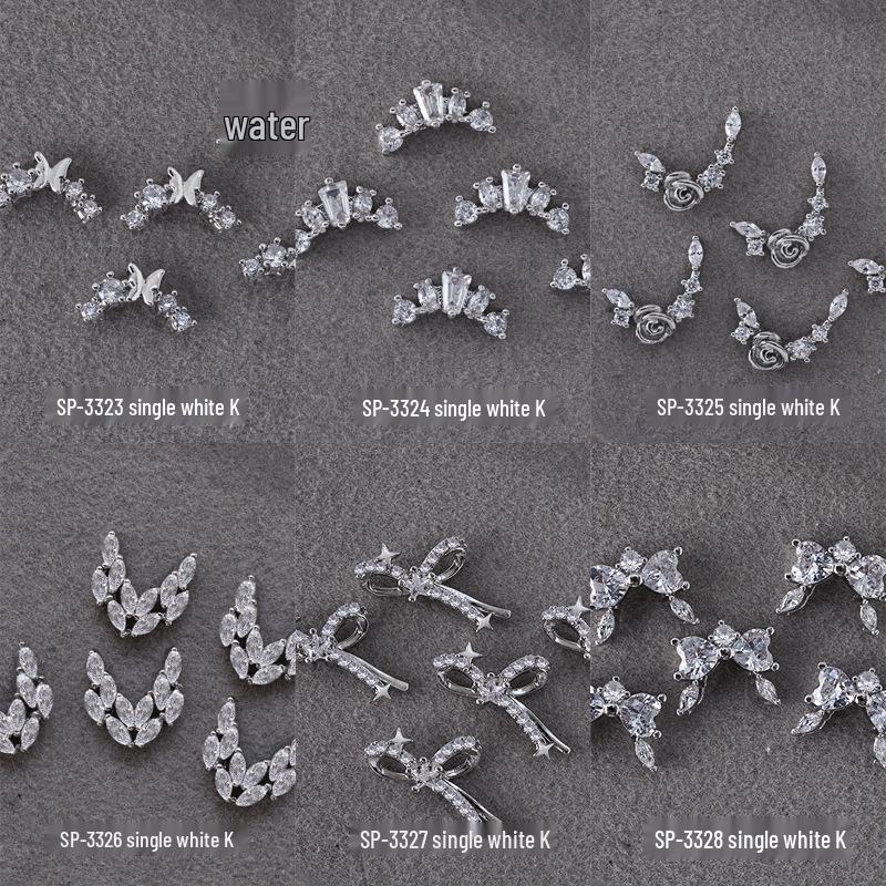 French Crescent Bow Full Diamond Heart V-shaped Zircon 3D Nail Art Decoration with Flat Bottom