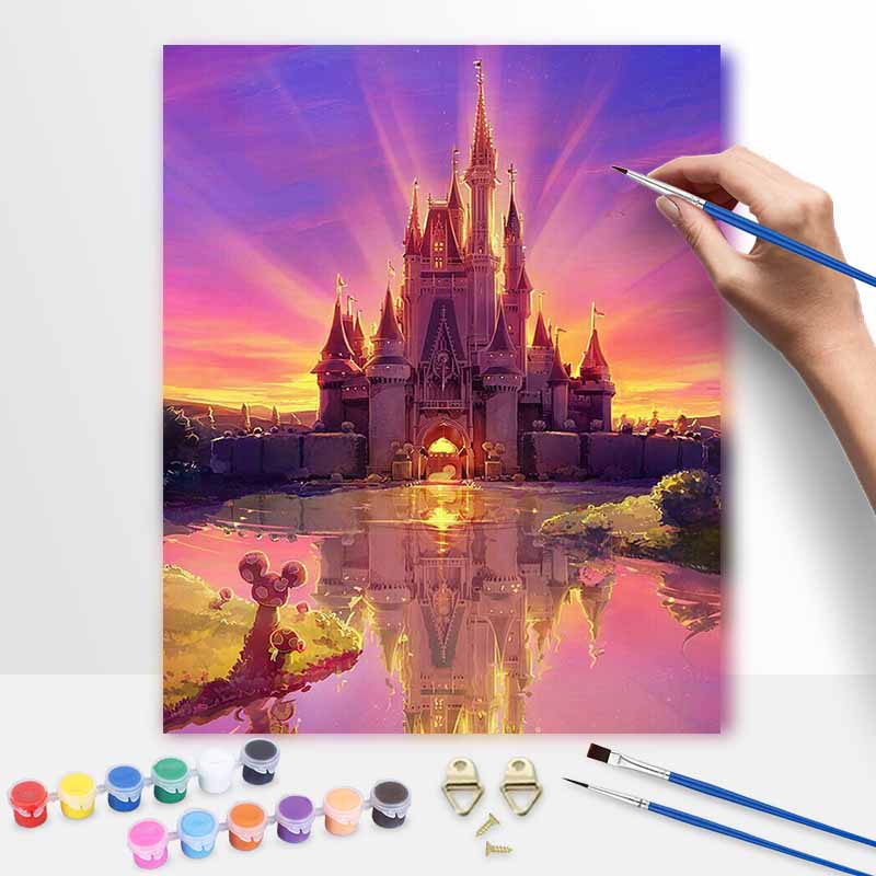 Disney fantasy castle sunset paint by numbers painting kit handmade diy home decor gifts wall art craft for adults relaxing leisure decor