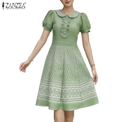 Women Summer Doll Collar Casual Short Sleeve Print Dress