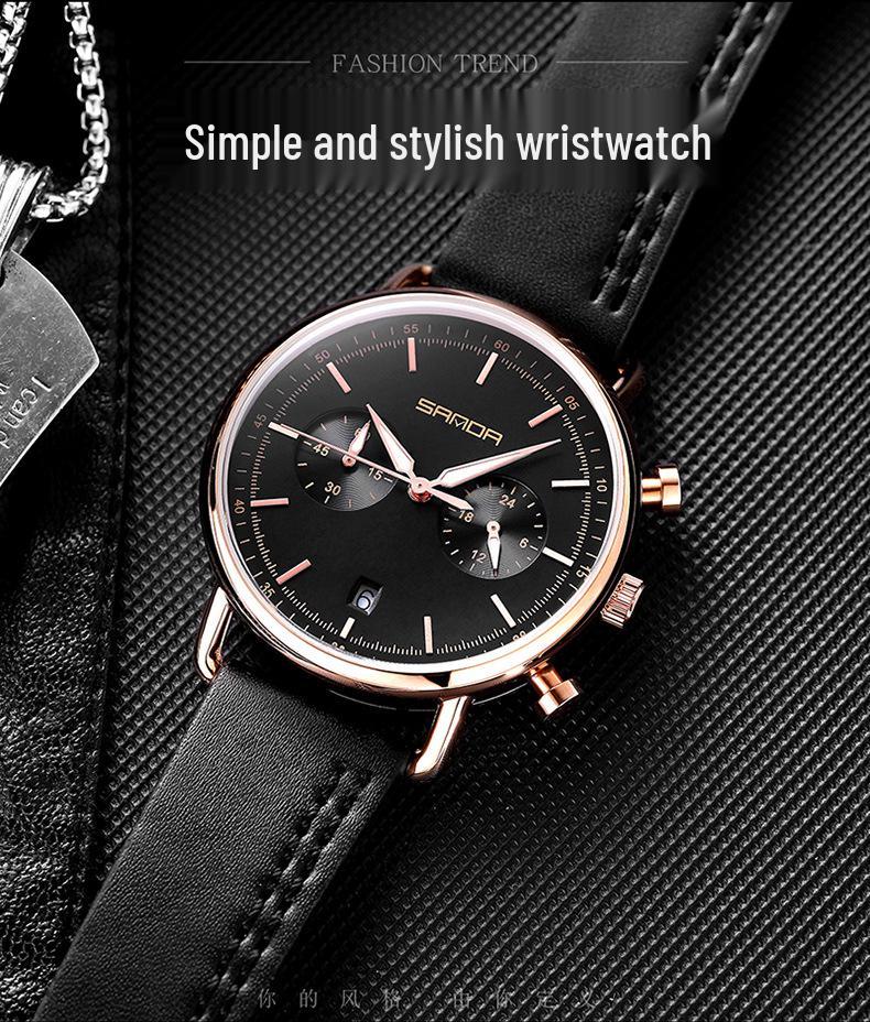 Sanda 1033 Men's Quartz Watch: Trendy Design with Leather Strap & Small Seconds Hand