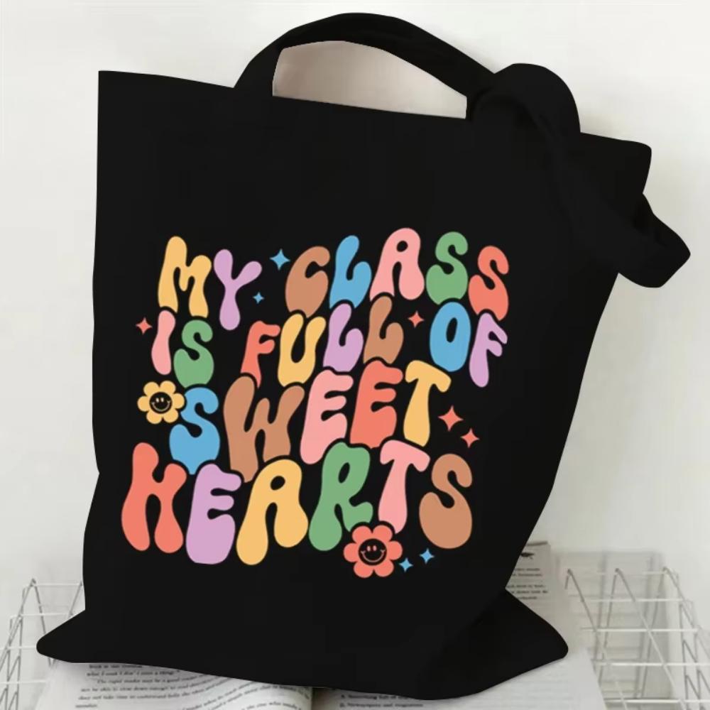Teacher's Day Gift Teacher Print Canvas Tote Bag Women Handbag Colored Letters Teacher Canvas Tote Bag Floral Shoulder Bag