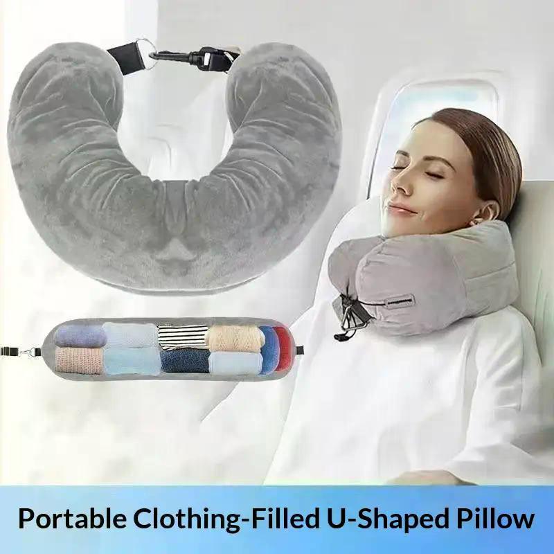 Travel Neck Pillow With Fillable Clothing Storage Bag U-Shaped Pillowcase Crystal Fleece Neck Pillow Cover For Airplane Travel