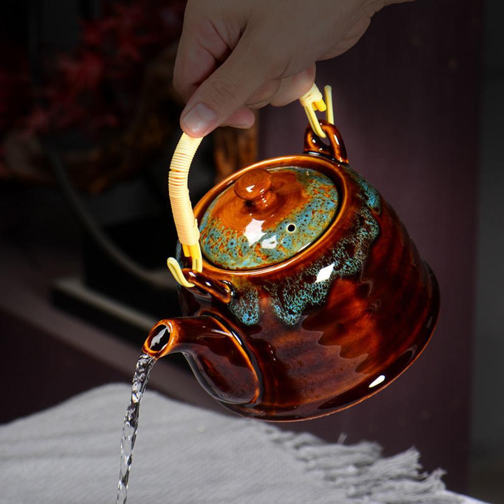 Kiln Discoloration Ceramic Teapot, Large Handle Tea Kettle with Filter Holes, Brewing Tea Pot for Home, Ceramic Tea Set, 900ml