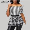Women's Off Shoulder Striped Peplum Top Casual Short Sleeve Floral Print Blouse Elegant Party Tops