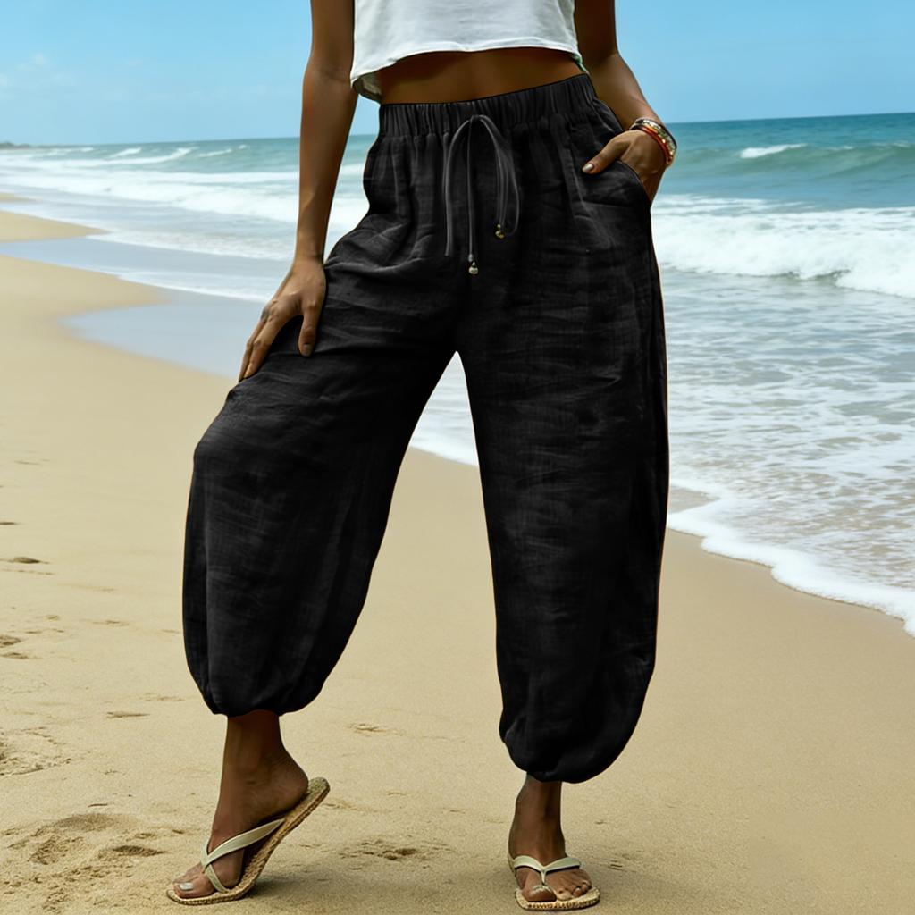 Women's Fashionable Color Casual Elastic Waistband Drawstring Pocket Loose Pants