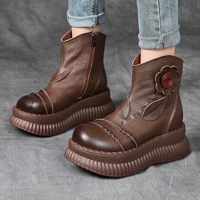 Moda GKTINOO Botas de Media Caña Hechas a Mano Plataforma Mujer Cuero Genuino Botines Aumento de Altura Suela Gruesa Florales Zapatos de Señora