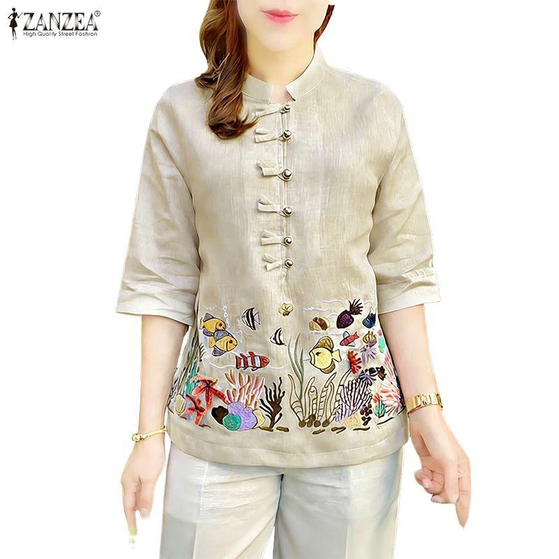 ZANZEA Damen Lässig Stehkragen Locker Halber Ärmel Print Bluse