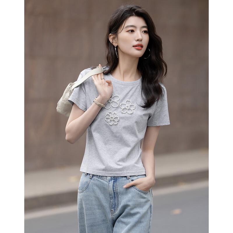 Demana Damen Sommer Perlenblume Kurzarm T-Shirt