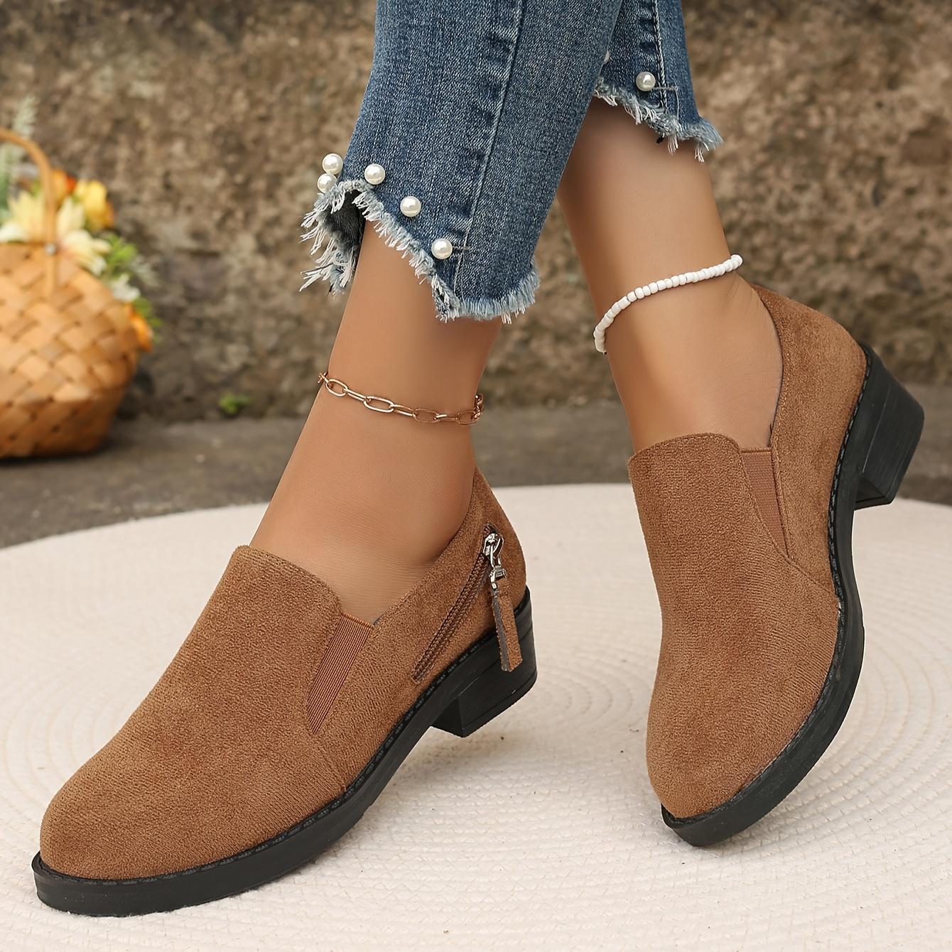 

Women s Comfortable Slip-On Loafers - Soft Sole, Breathable Fabric, All-Season Brown Flats with Side Zipper Detail and Rubber Sole Size 36