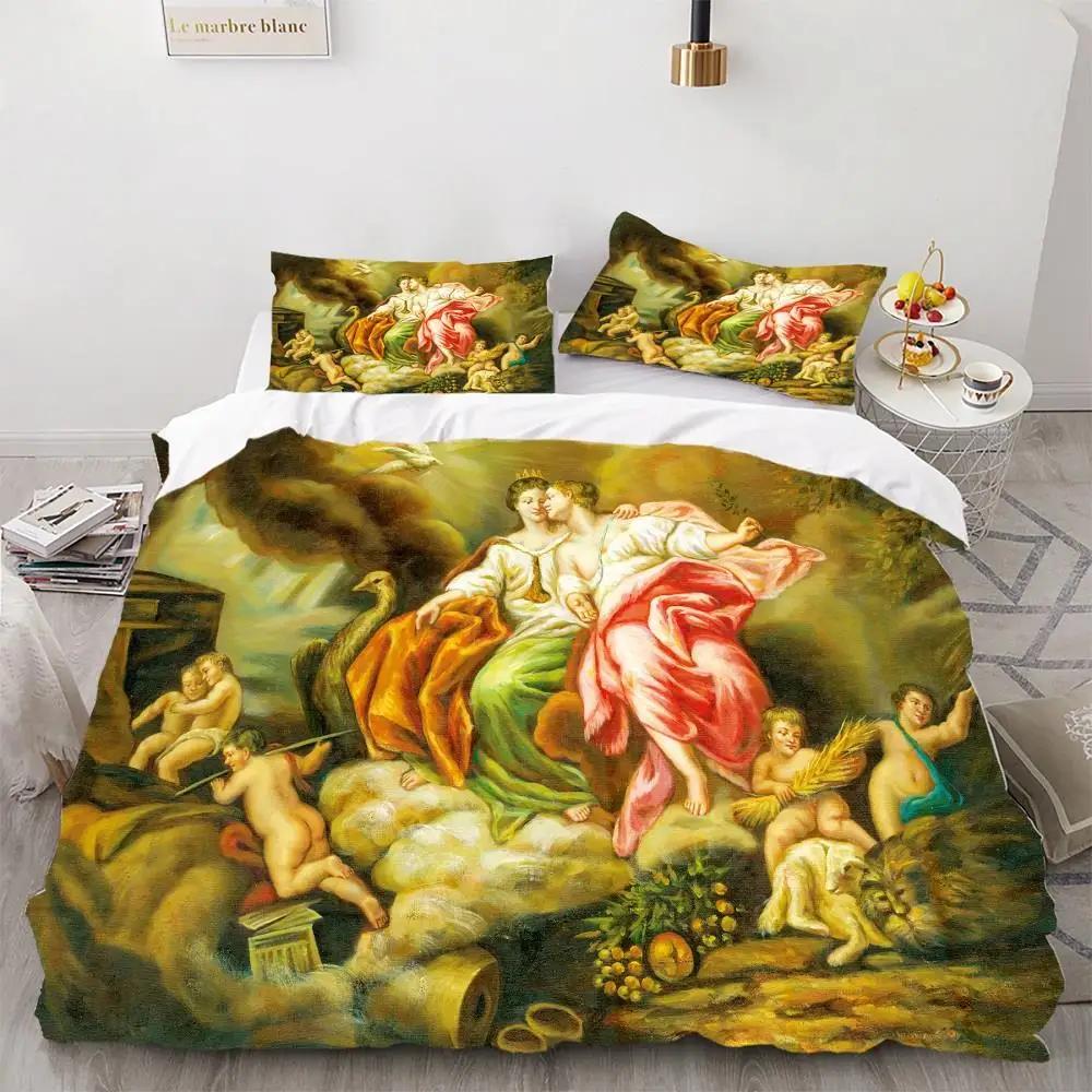 Conjunto de cama com pintura a óleo de anjo 2/3 peças, capa de edredom de arte antiga, desenho animado, capa de edredom quente, quarto infantil, conjunto de capa de cama verde