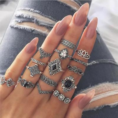 15Pcs/Set Bohemia Flowers Hollow Out Crown Finger Ring Set Knuckle Rings Women Jewelry Accessories