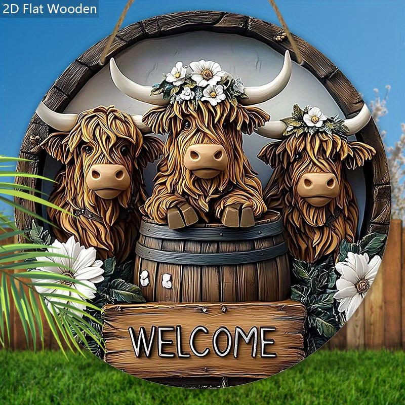 Retro Wooden Welcome Sign with Highland Cattle Design - Rustic Decorative Plaque for Farmhouse, Front Door, Herd Decorations