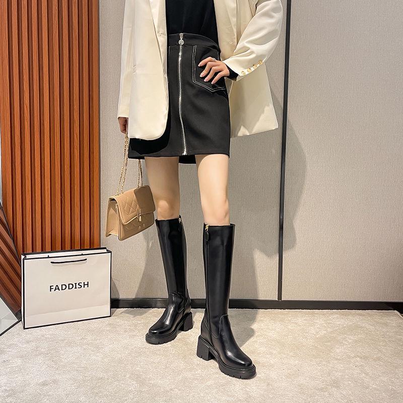 Genuine Leather Women's Knee-High Boots, Inner Height Increase, Thick Sole, High Heel, Velvet Lined, Small Size, Autumn/Winter.