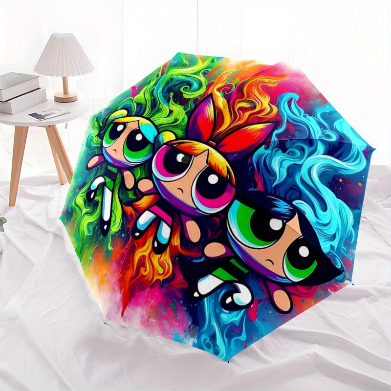 

1pc Powerpuff Girls Automatic Opening Folding Umbrella - 8 Bone Iron Frame, Portable Design, Outdoor, Ideal Gift for Fans, Travelers, Daily Use.K