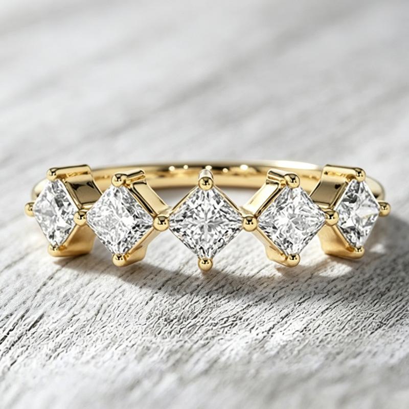 Simple wind princess square diamond thin ring, five square main stones continuous design, daily stacking of tail rings