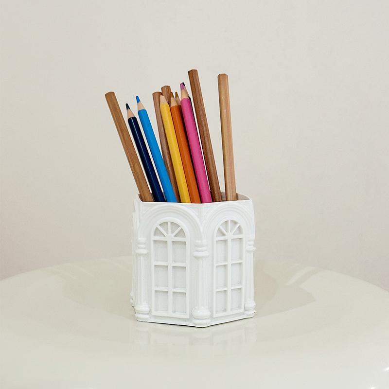 Retro Roman Side House Relief Pen Holder Office Stationery Multi Functional Storage Student Creative Desktop Decoration