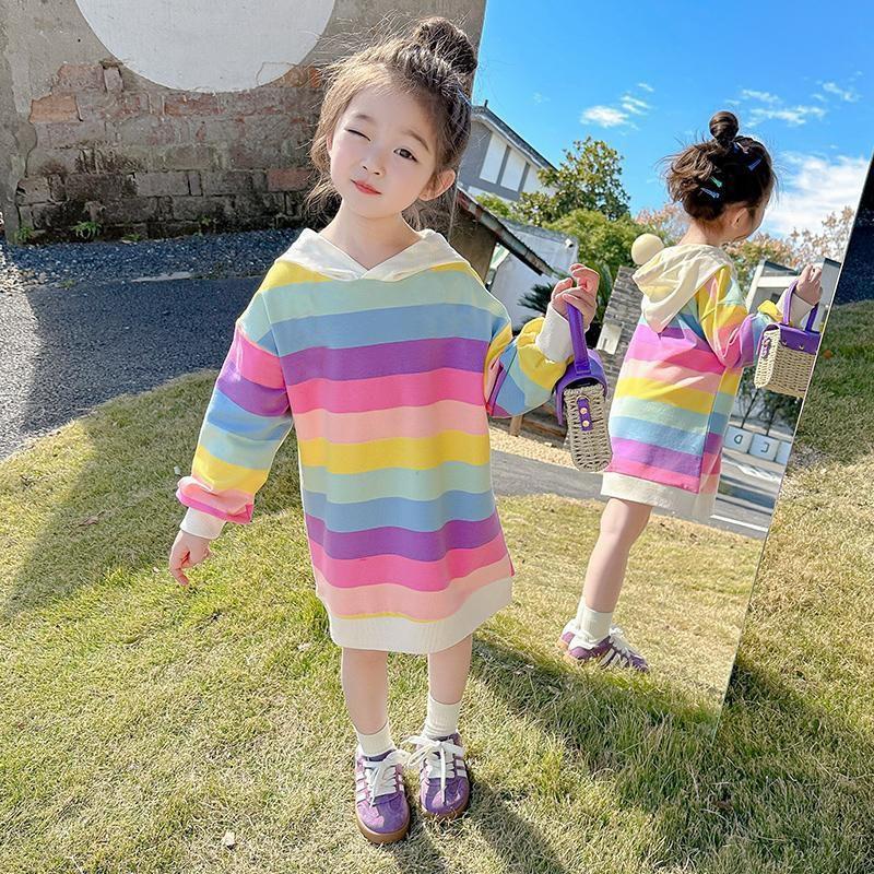 Girls Korean Rainbow Striped Sweatshirt Dress Spring Autumn Long Sleeve Casual Midi Dress for Kids
