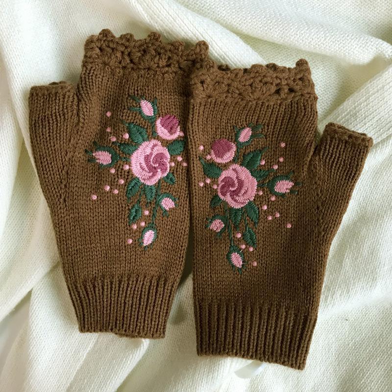 Cute Vintage Embroidery Knitted Gloves Bee Half Finger Fingerless Gloves Korean Style Warm Winter Wool Gloves Outdoor