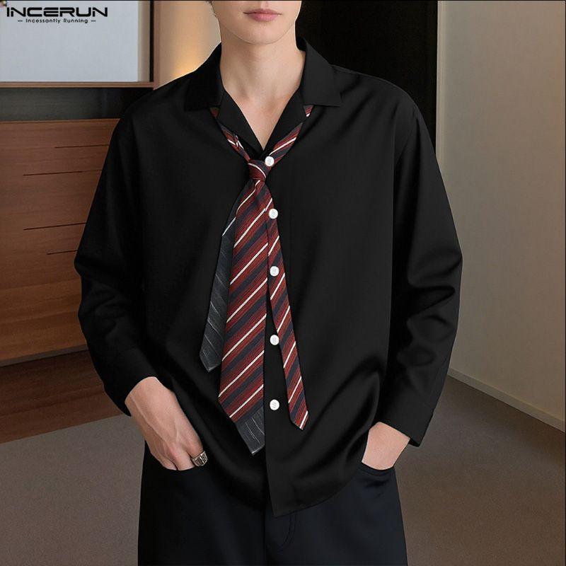 INCERUN Oversized Men Lapel Neck Long Sleeve Striped Print Buttons Up Casual Shirts