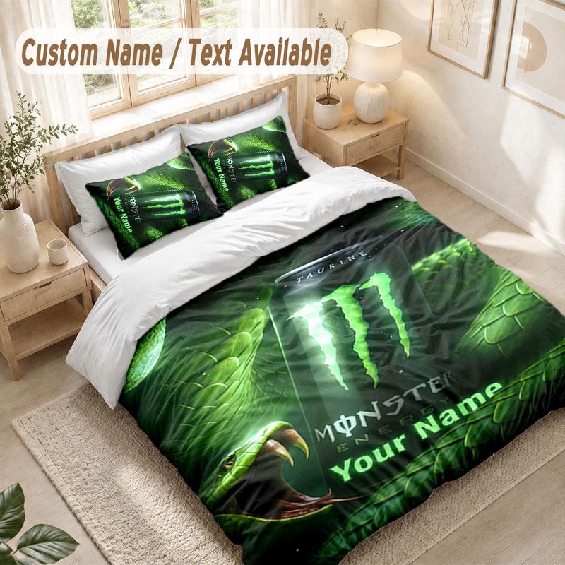 Custom Name Bedding Set 3 PiecesMonster Energy Print Duvet Cover + 2 Pillowcases Soft Bed Decor