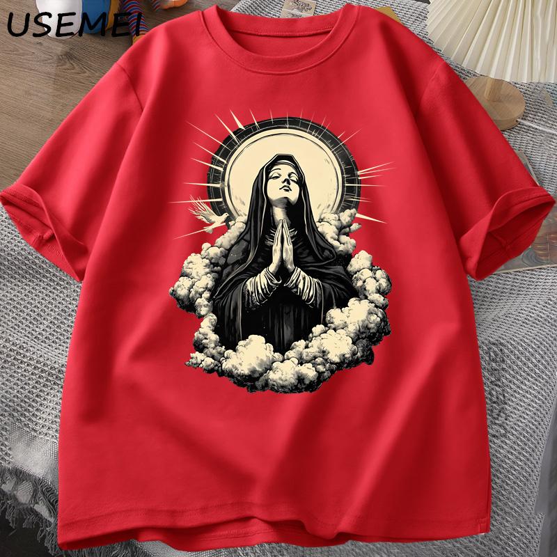 

Christian T Shirt Virgin Mary Graphic Tshirt Faith Unisex Tee Christmas or Easter Tshirt Tee Shirt Cotton Short Sleeve Clothes XL
